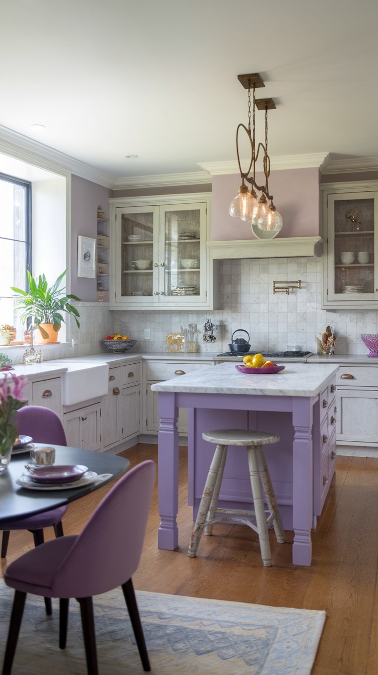 A stylish kitchen featuring purple tones mixed with neutral colors, showcasing a lavender wall, a purple island, and light wood cabinetry.