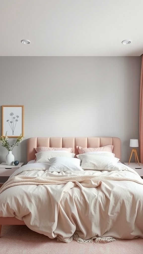 A modern bedroom featuring a gray and pink color scheme with a pink upholstered headboard, soft bedding, and decor.
