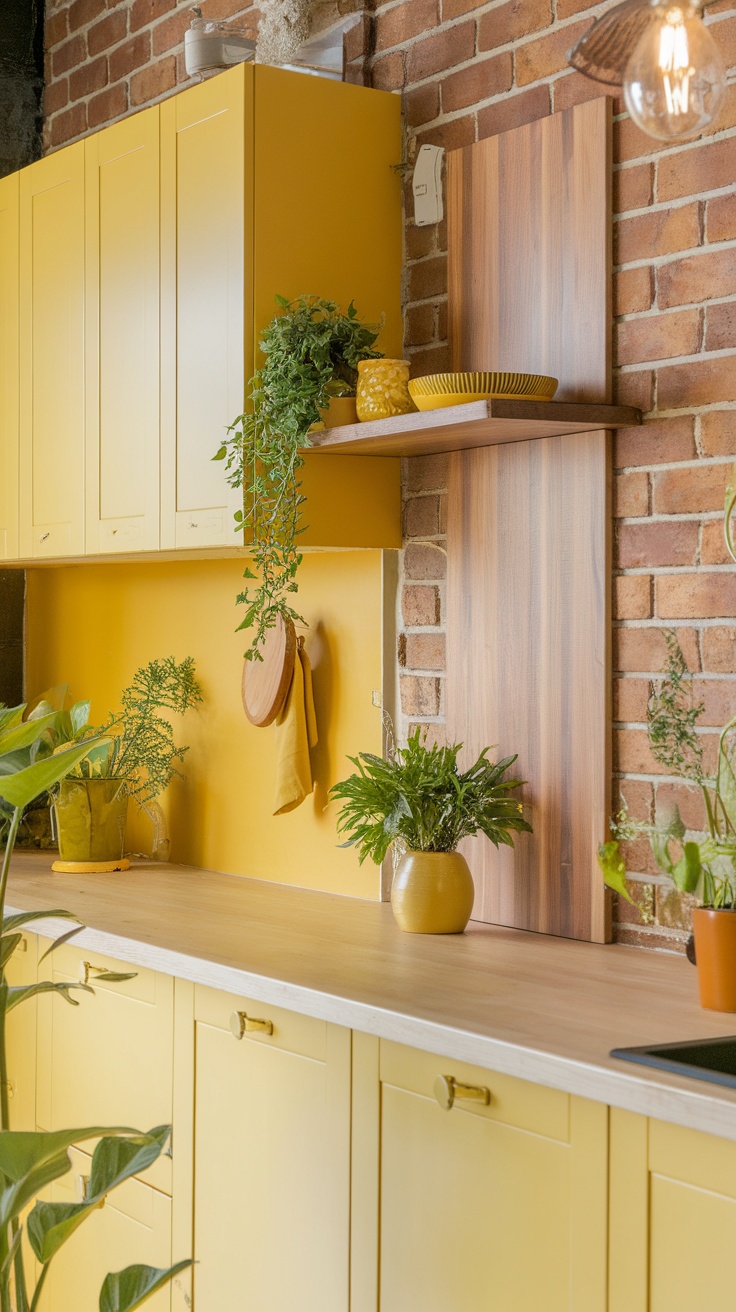 A vibrant yellow kitchen featuring yellow cabinets, a wooden shelf with decorative items, and various green plants.