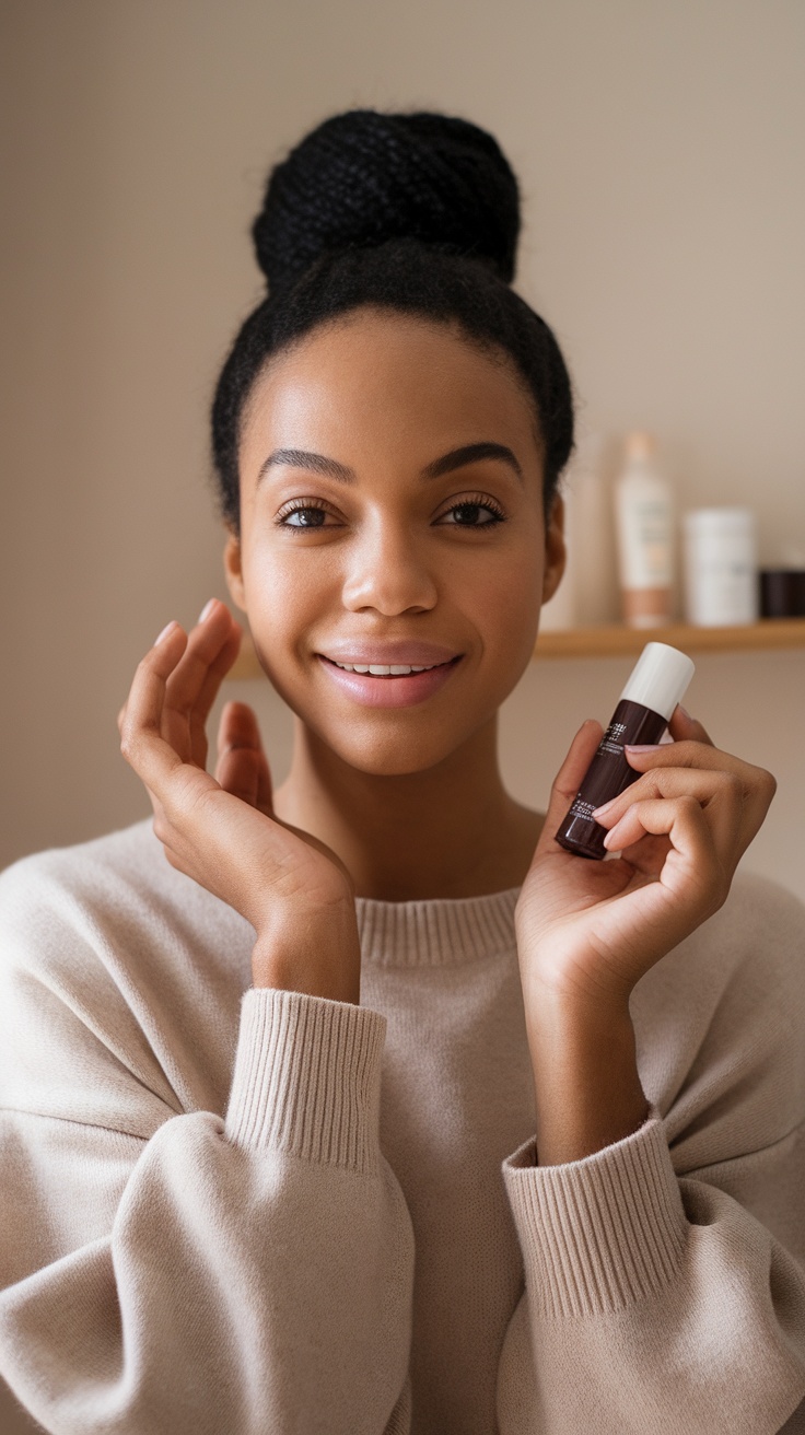 A woman with a natural look smiling while holding a skincare product.