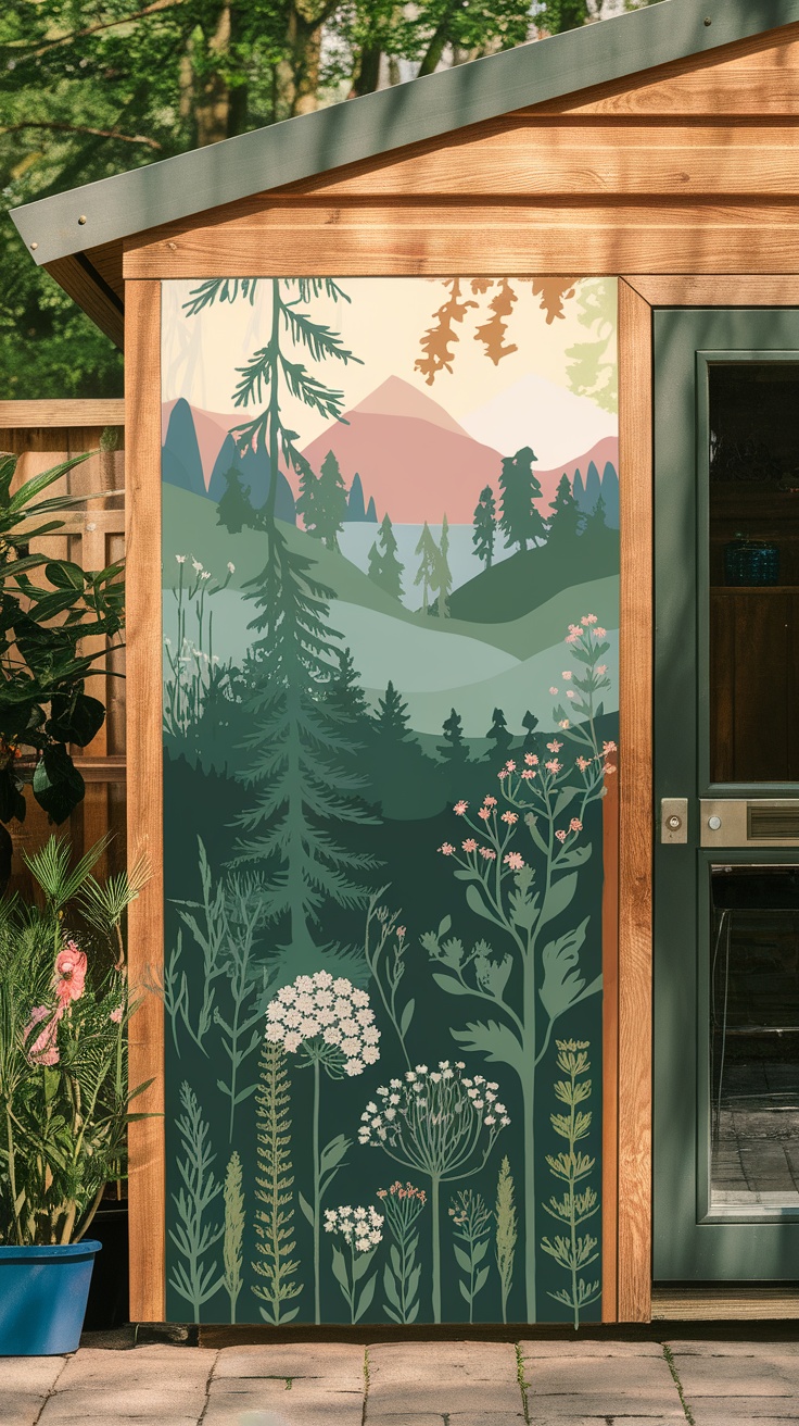Nature-inspired mural on a she shed featuring trees, mountains, and wildflowers