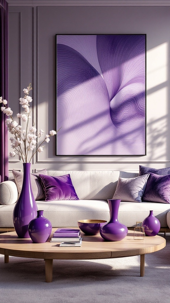 Modern living room with neutral tones and purple decor