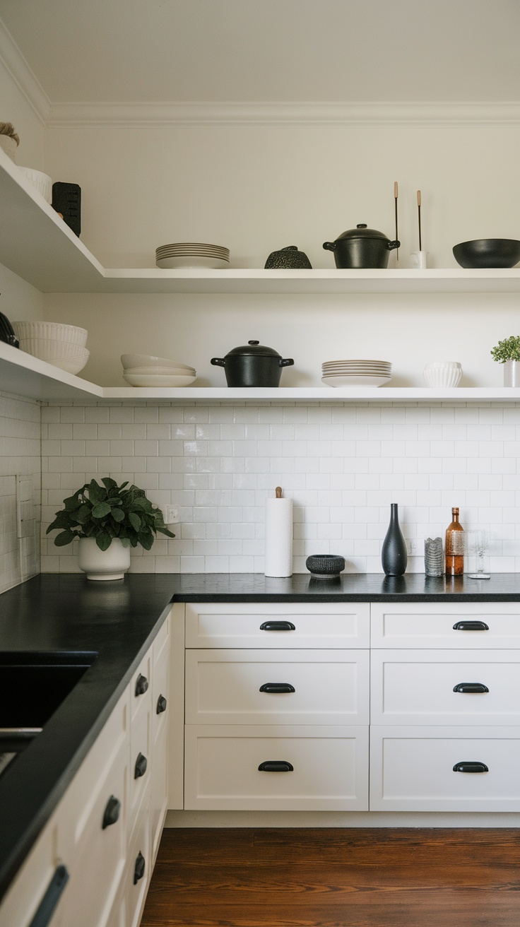 Minimalist black and white kitchen with open shelving displaying cookware and plants.
