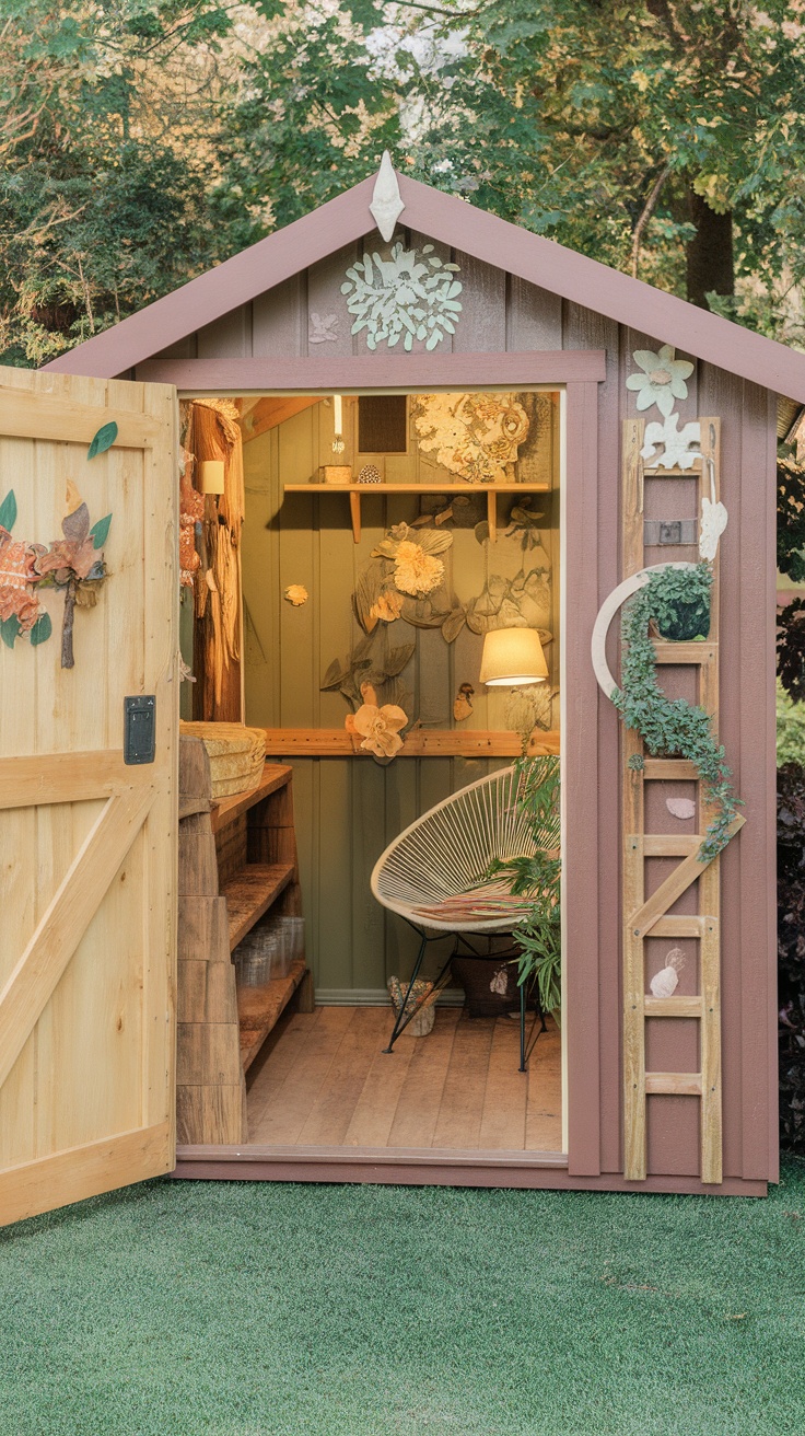 A cozy she shed with outdoor-inspired decor, featuring floral accents and a comfortable chair