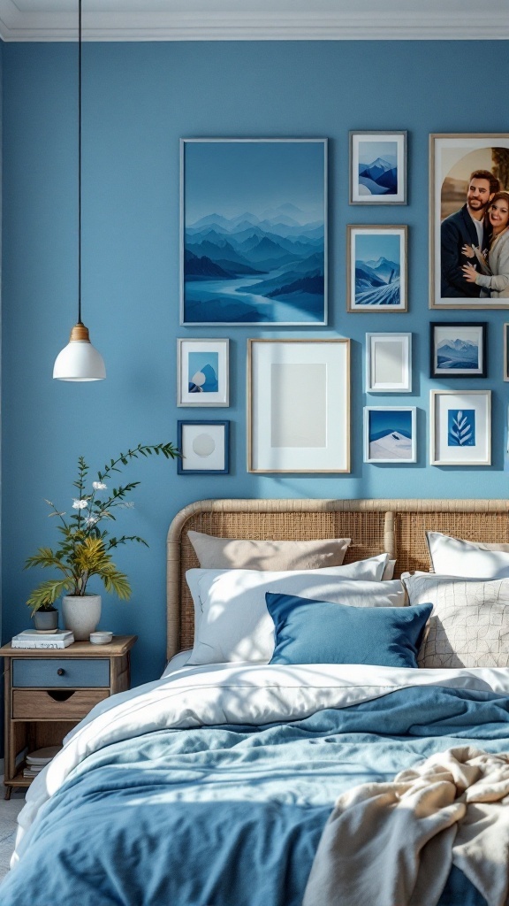 A cozy blue bedroom featuring a personalized artwork display on the wall.