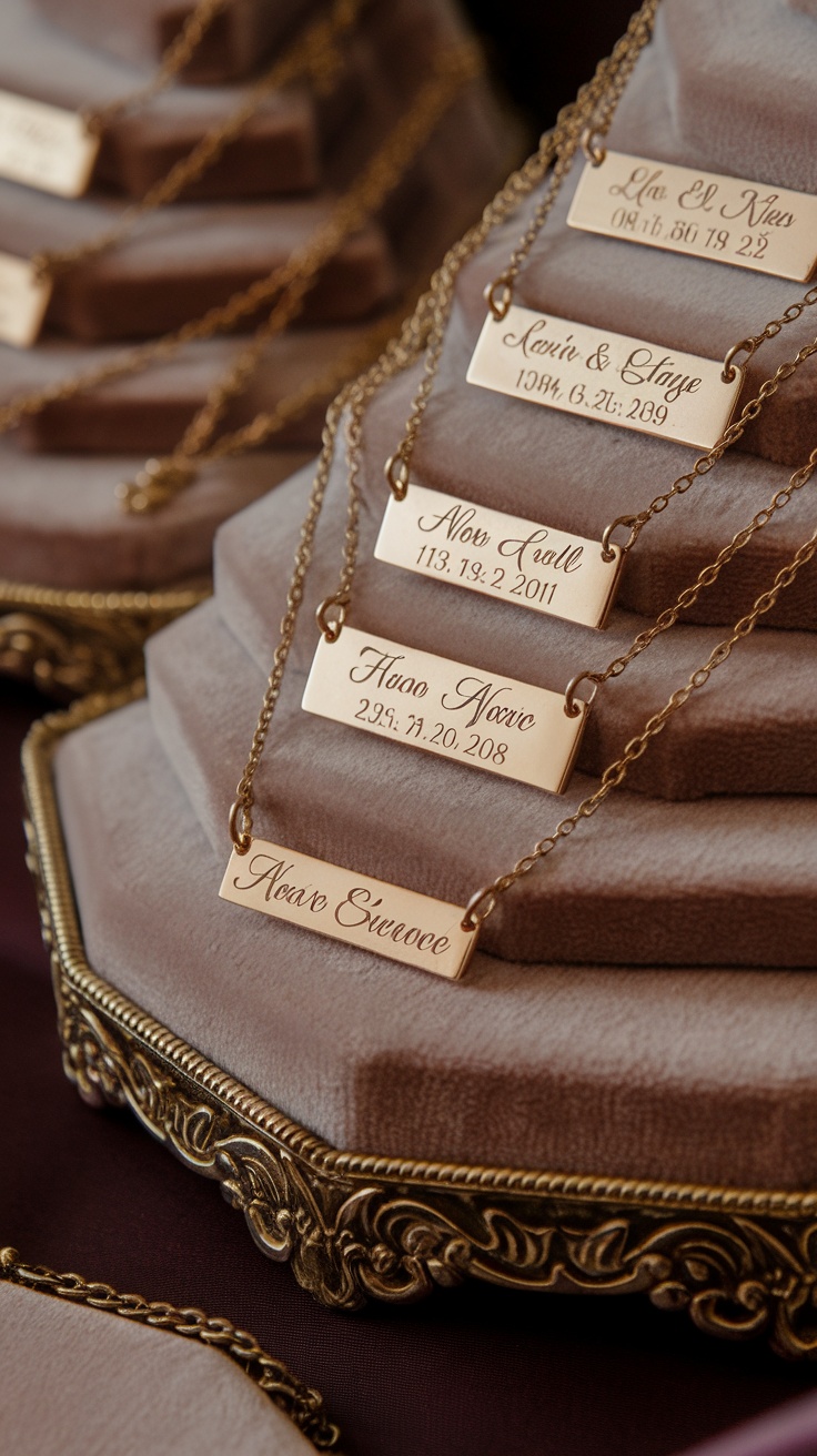 A display of necklaces featuring engraved plates with names and dates, showcasing personalized jewelry options.