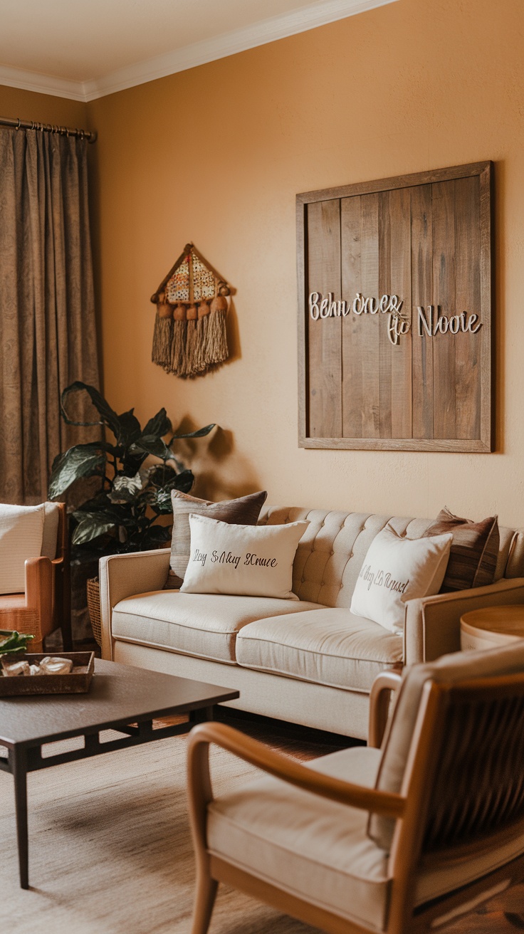 Cozy living room with personalized pillows and wall decor