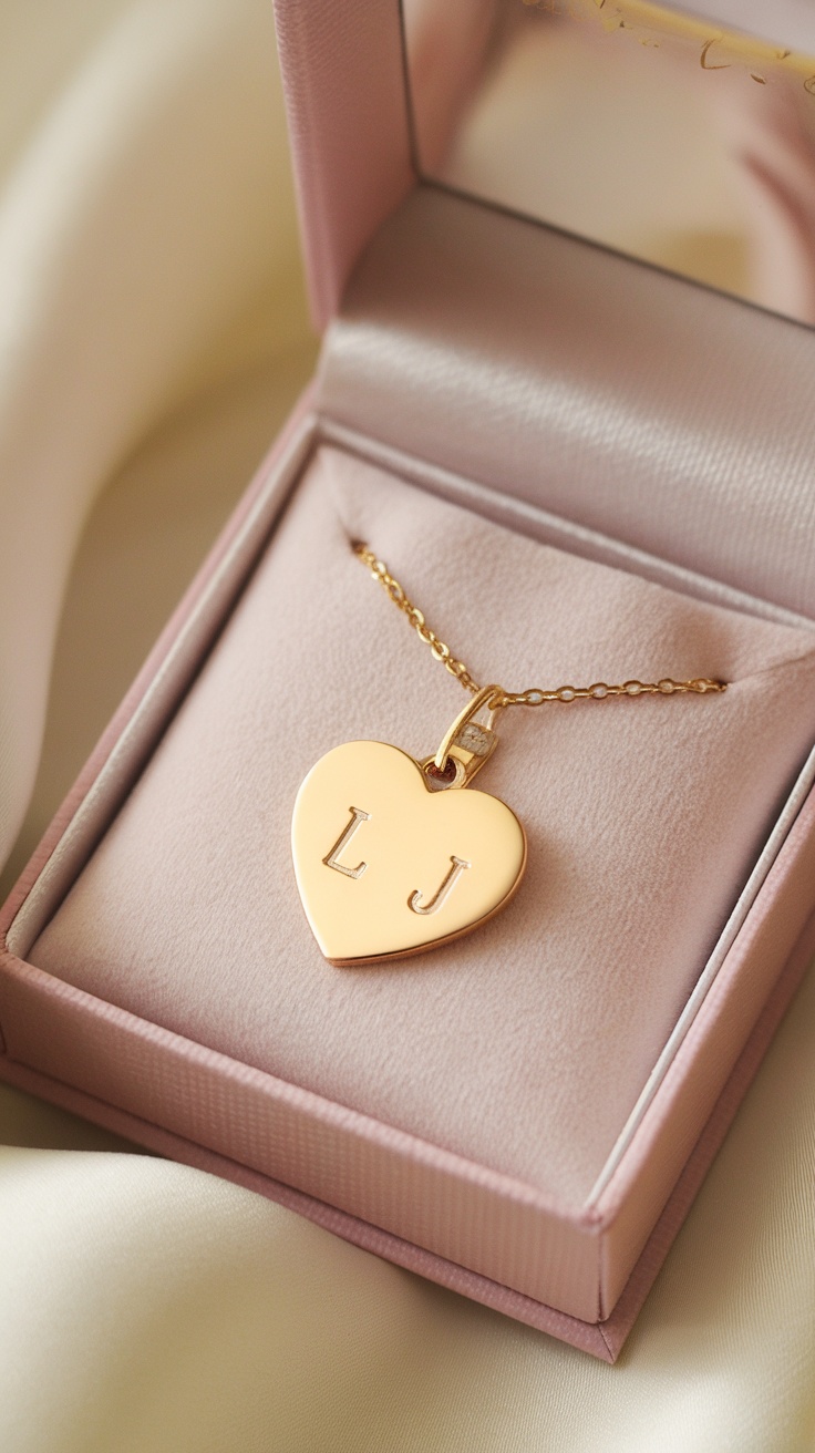 Heart-shaped gold necklace with initials, placed in a pink jewelry box