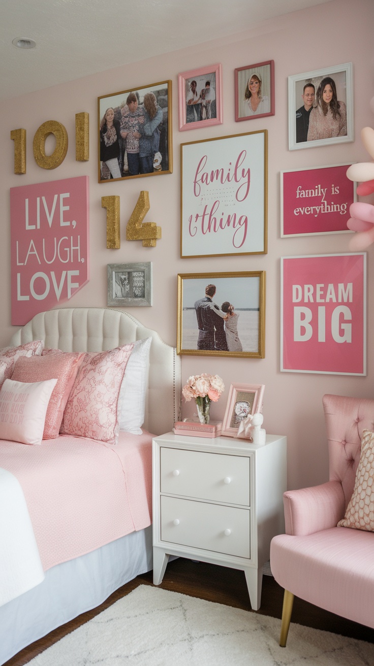 A pink and gold bedroom with personalized wall art including family photos and motivational quotes.