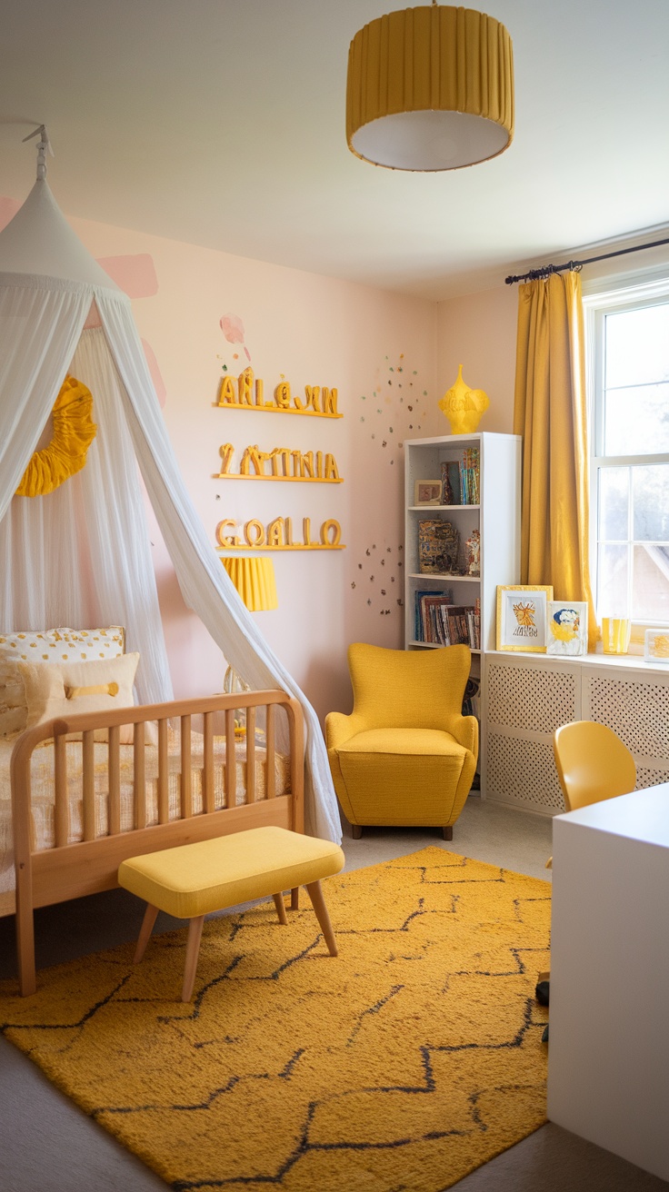 A cheerful yellow-themed bedroom for girls featuring a canopy bed, yellow decor items, and playful wall art.
