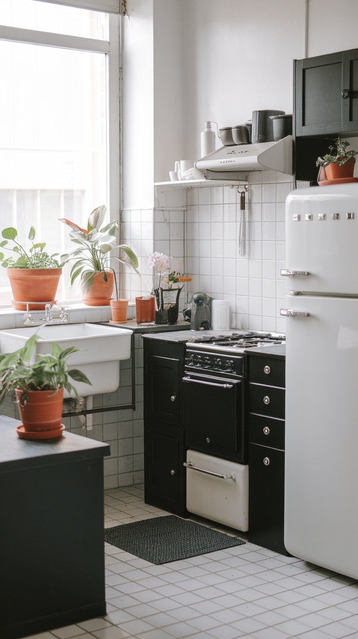 A minimalist black and white kitchen with various plants in terracotta pots on the counter and sink area.