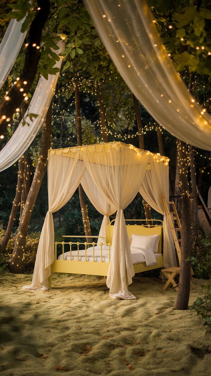 A yellow canopy bed surrounded by draped fabric and fairy lights in a natural setting.