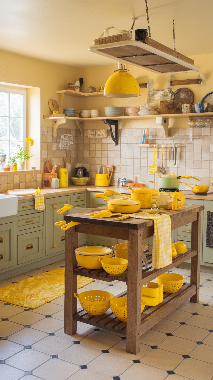 A sunny kitchen filled with playful yellow accessories, including pots, bowls, and colorful dishware, set against soft green cabinets.