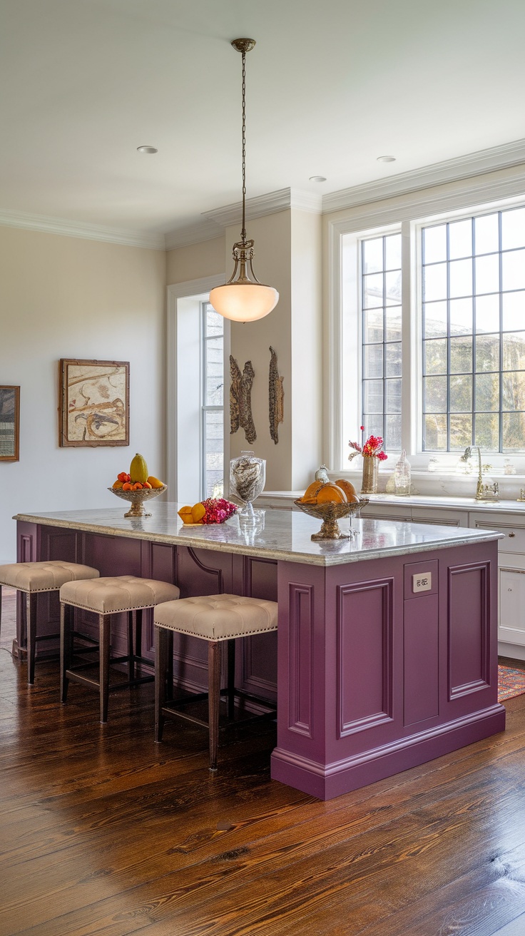 A plum-colored kitchen island with a granite countertop, surrounded by elegant bar stools and a cozy décor.