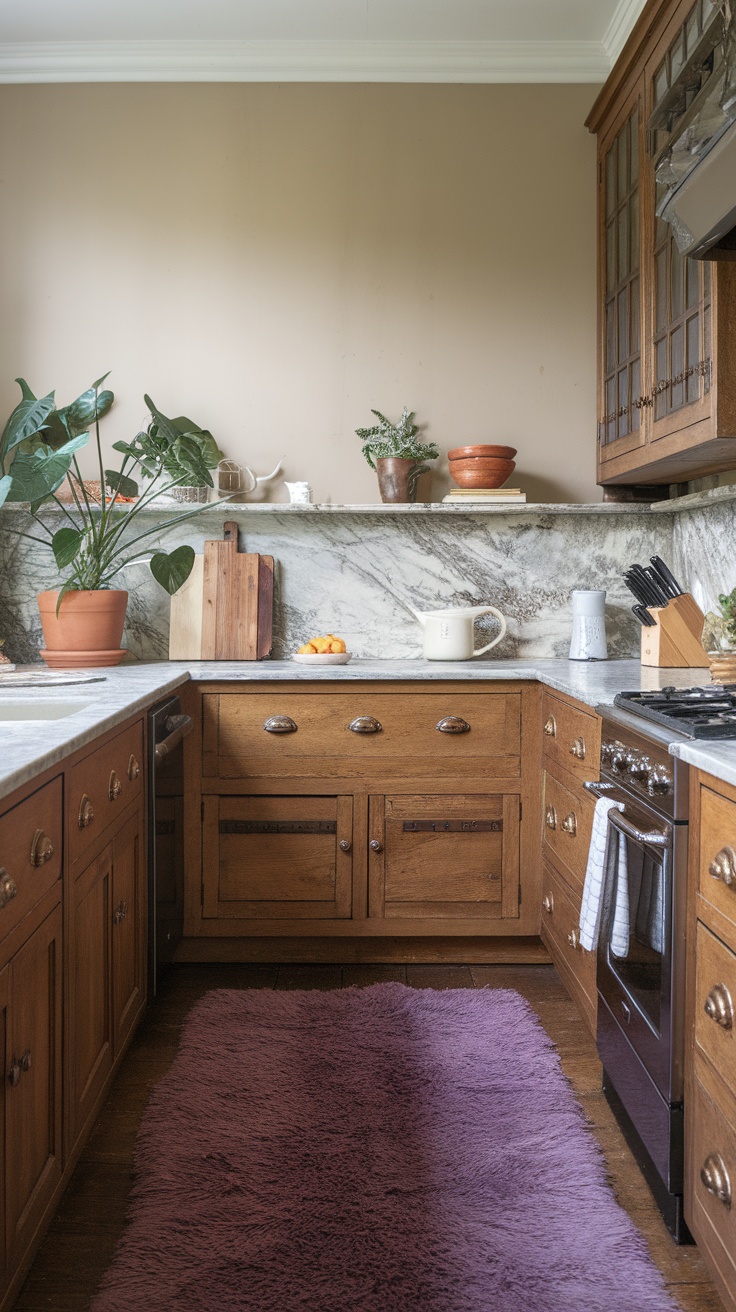 A cozy kitchen featuring a plush purple rug, wooden cabinets, and plants, creating a warm atmosphere.