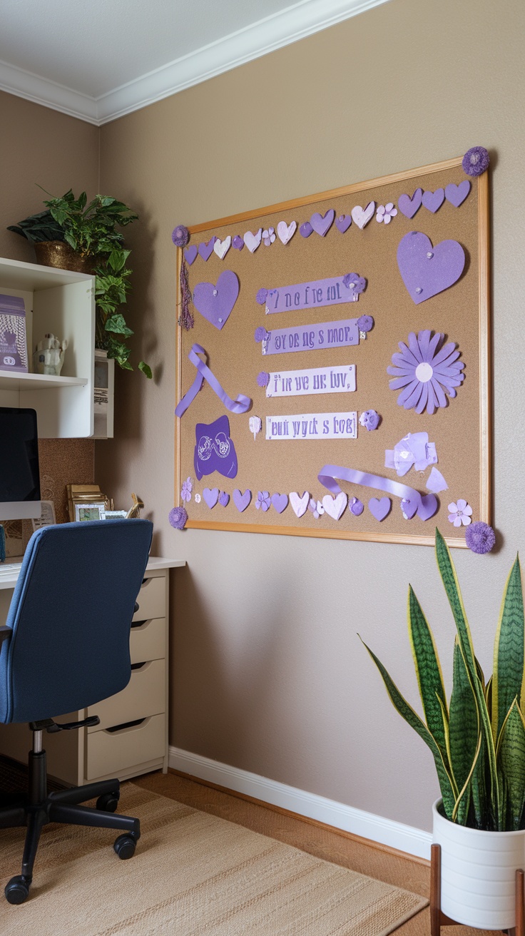 A stylish purple-themed bulletin board with hearts and flowers in a home office setting.