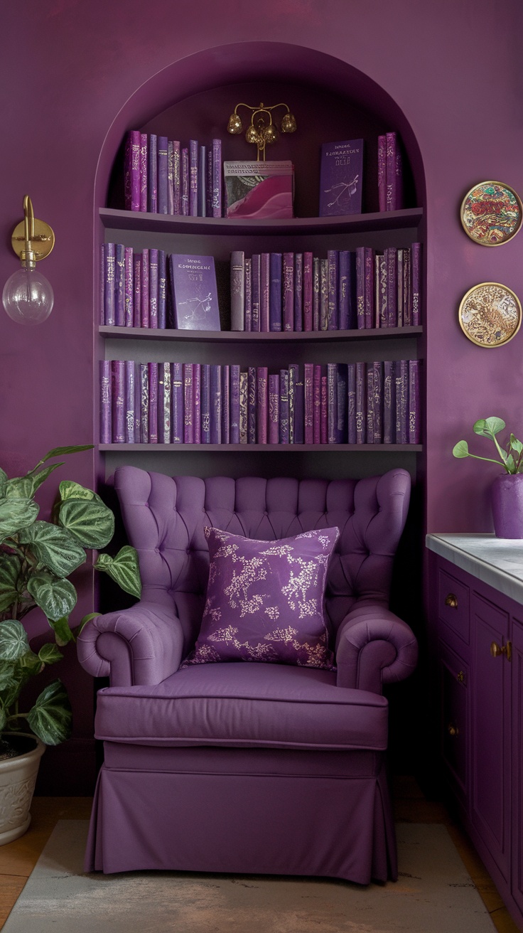 A purple-themed kitchen nook with a plush chair and a bookshelf filled with purple cookbooks.