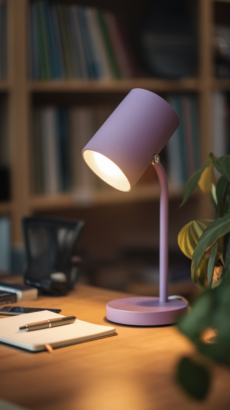 A stylish purple desk lamp on a wooden desk with a notebook and pen beside it.