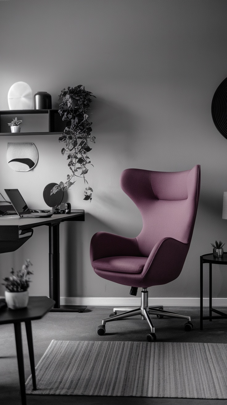 A stylish purple accent chair in a modern home office setup.