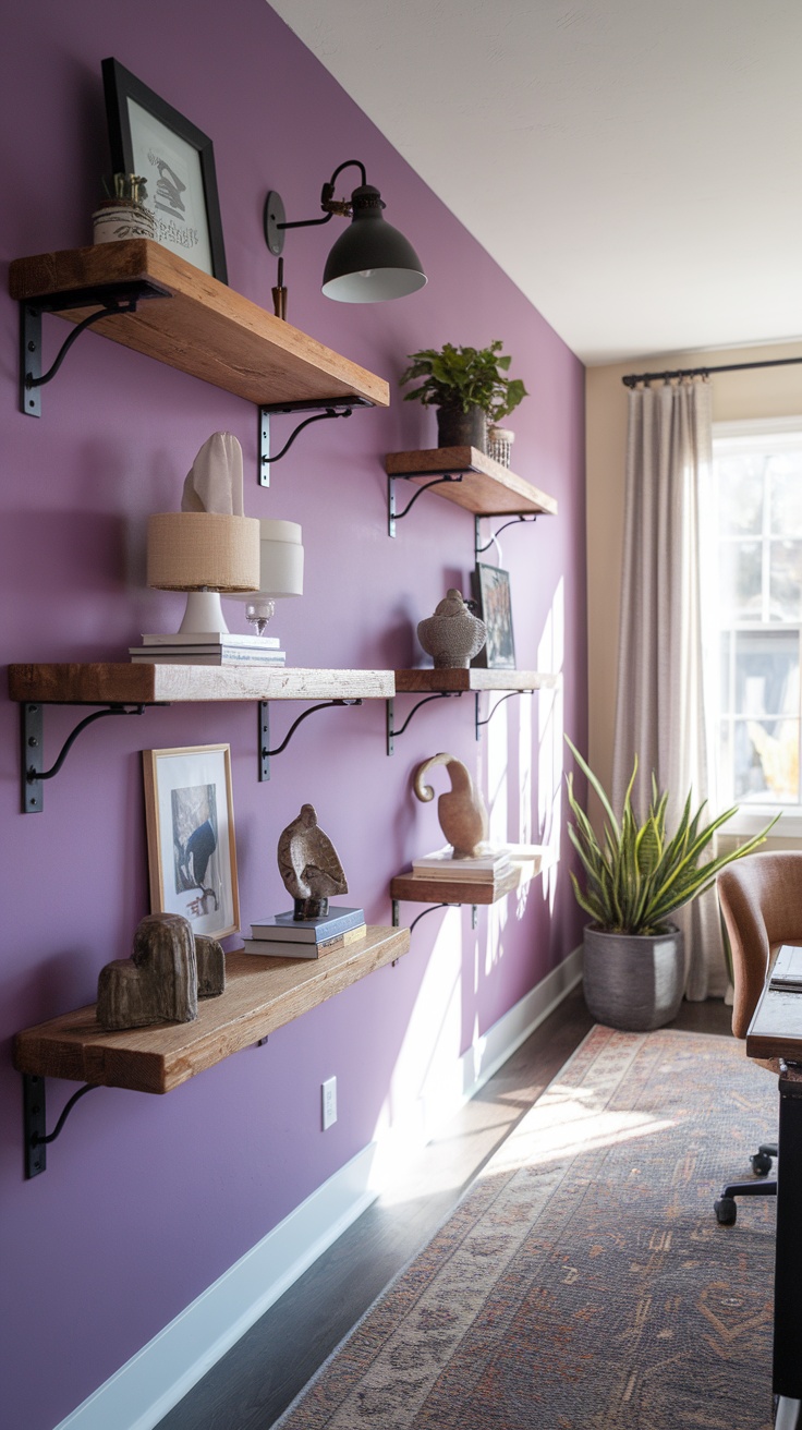 A cozy purple home office with wooden shelves displaying books and decorative items, featuring a stylish wall lamp.