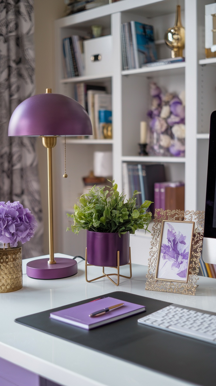 A stylish home office with purple and gold decorative accents, featuring a purple lamp, floral arrangements, and coordinating stationery.