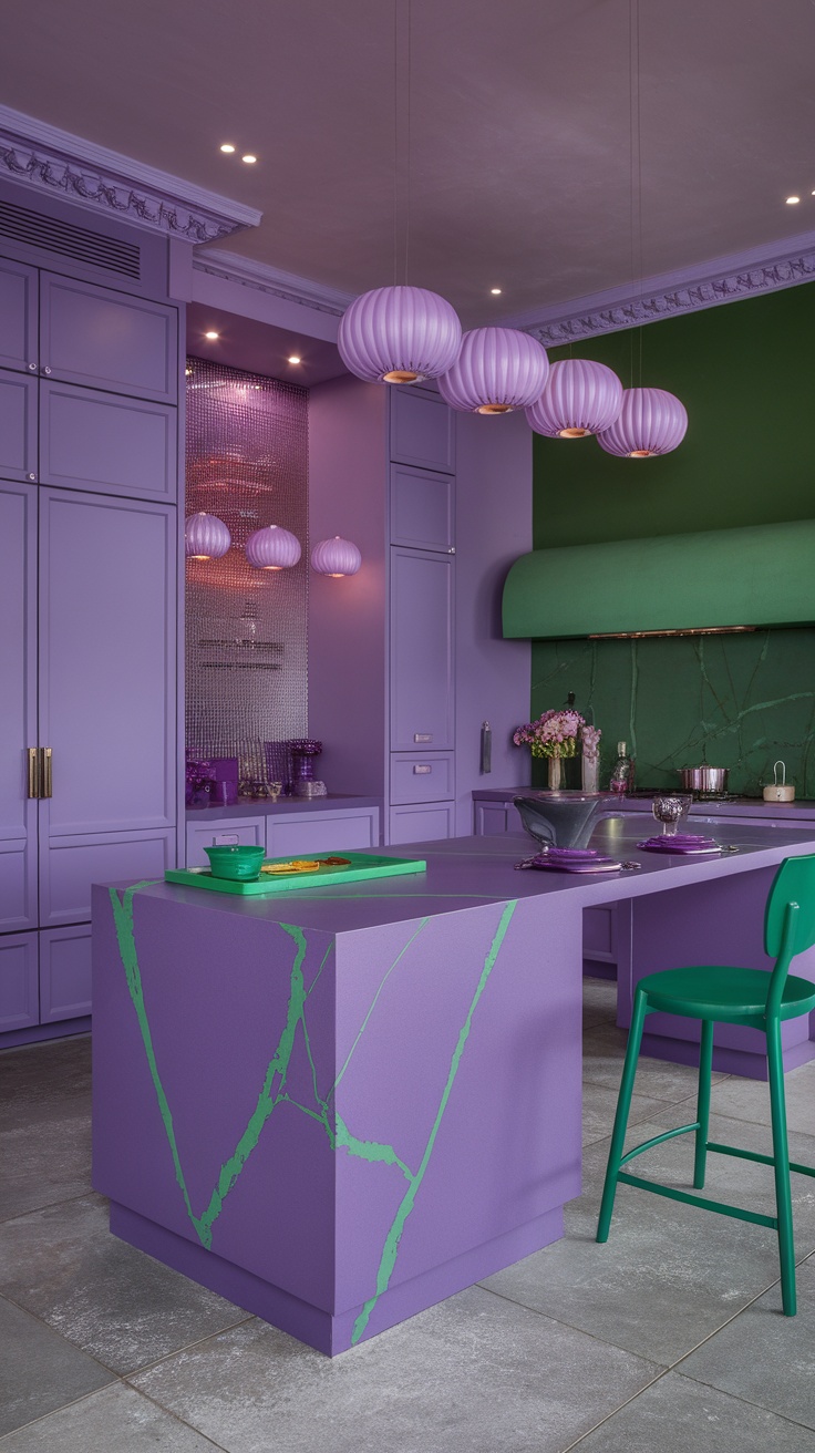 A modern kitchen featuring purple cabinetry and green accents, with hanging purple lights and a vibrant island.