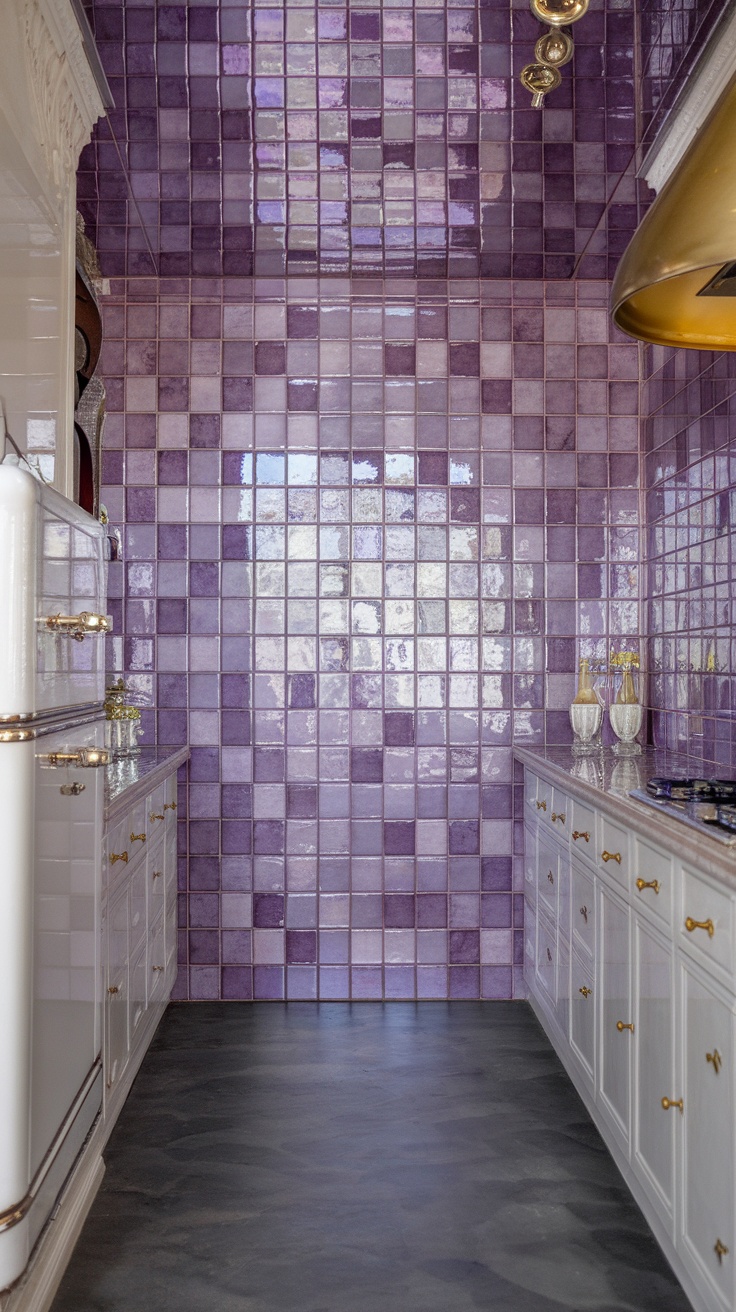 Purple backsplash tiles in a kitchen with white cabinetry and dark countertops.
