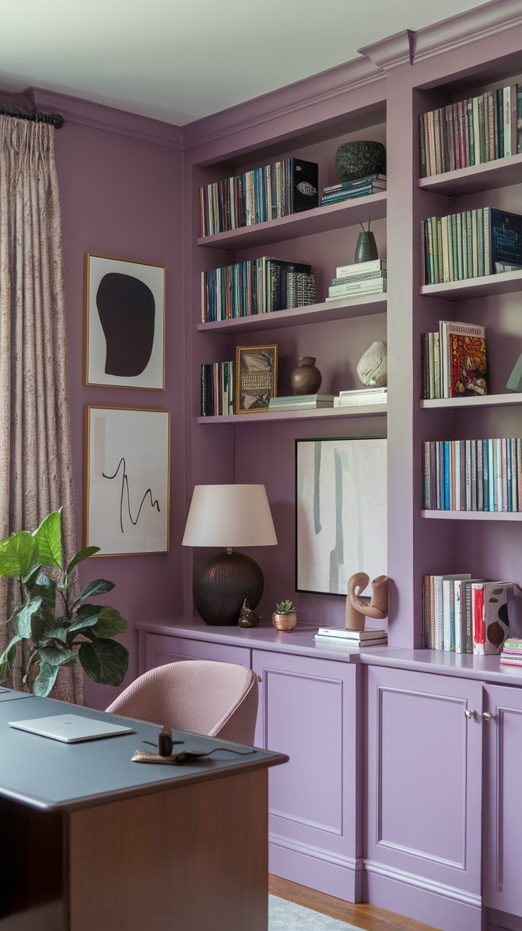 Purple bookshelves in a home office with decorative items and a lamp.