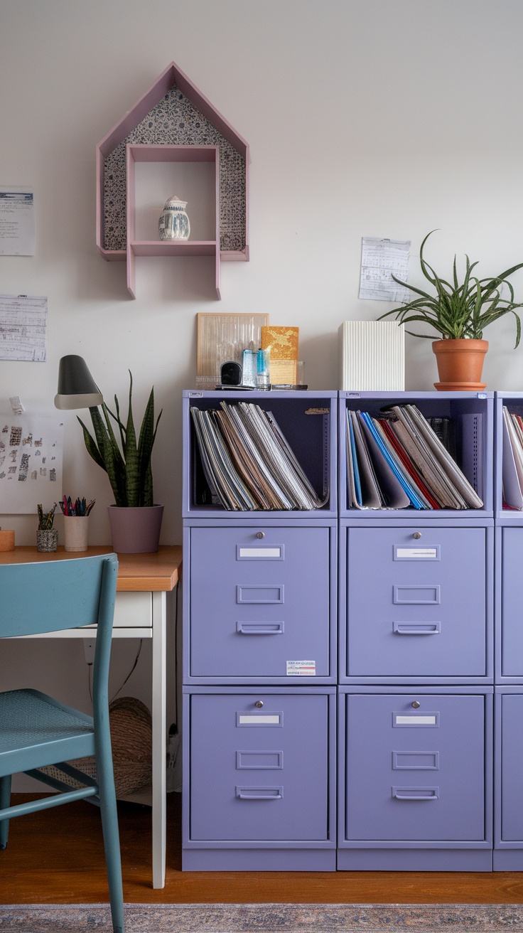 A modern home office featuring a purple file cabinet, desk, and decorative items.