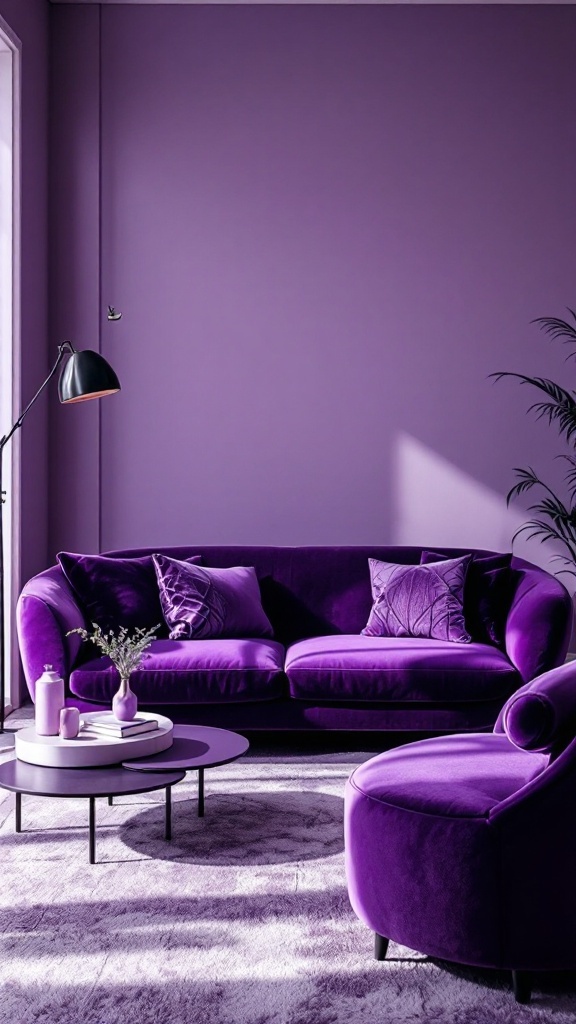 A modern living room featuring purple furniture including a sofa, cushions, and an accent chair.