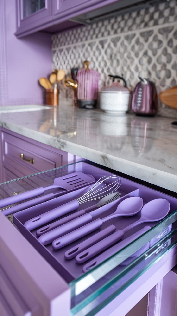 A vibrant collection of purple kitchen utensils displayed in a drawer, with a modern kitchen backdrop.