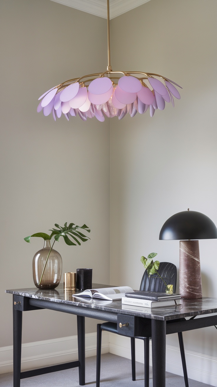 A stylish purple pendant light hanging above a modern desk in a home office
