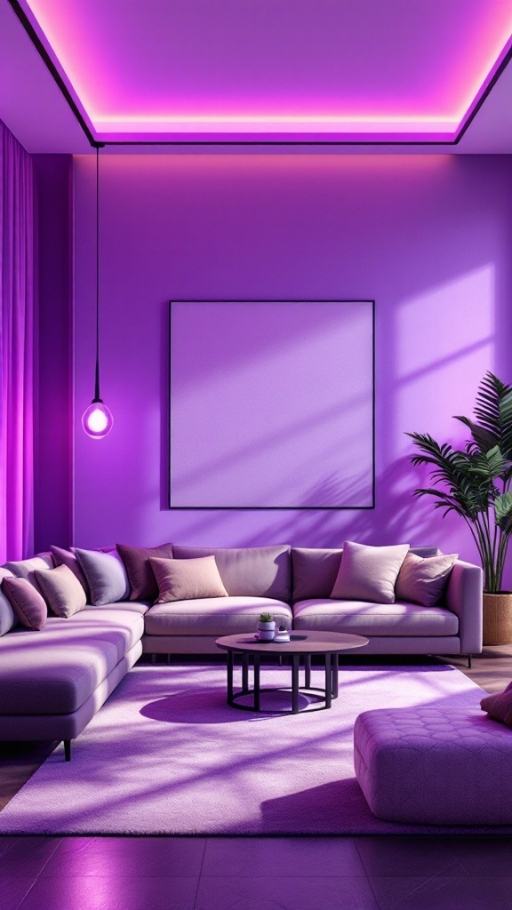 A modern living room featuring purple lighting fixtures, a purple sofa, and plants.