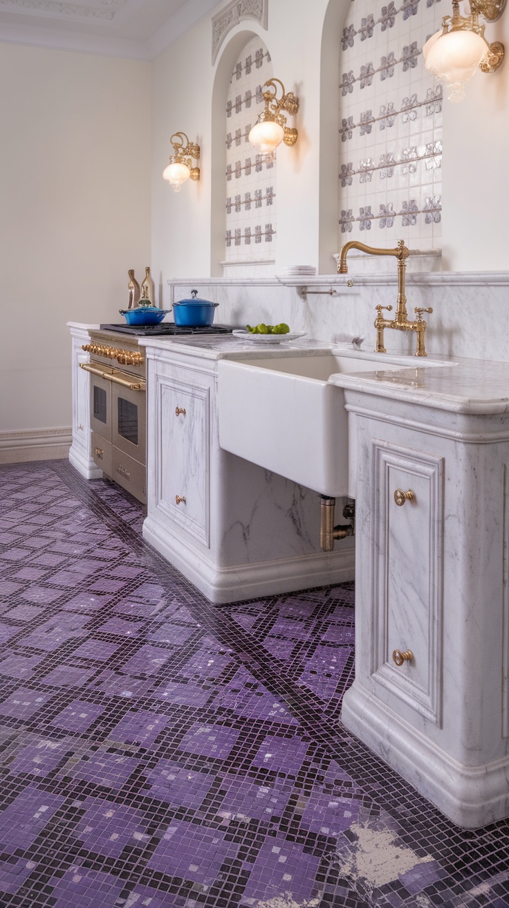 A kitchen featuring a purple mosaic tile floor with marble countertops and gold fixtures.