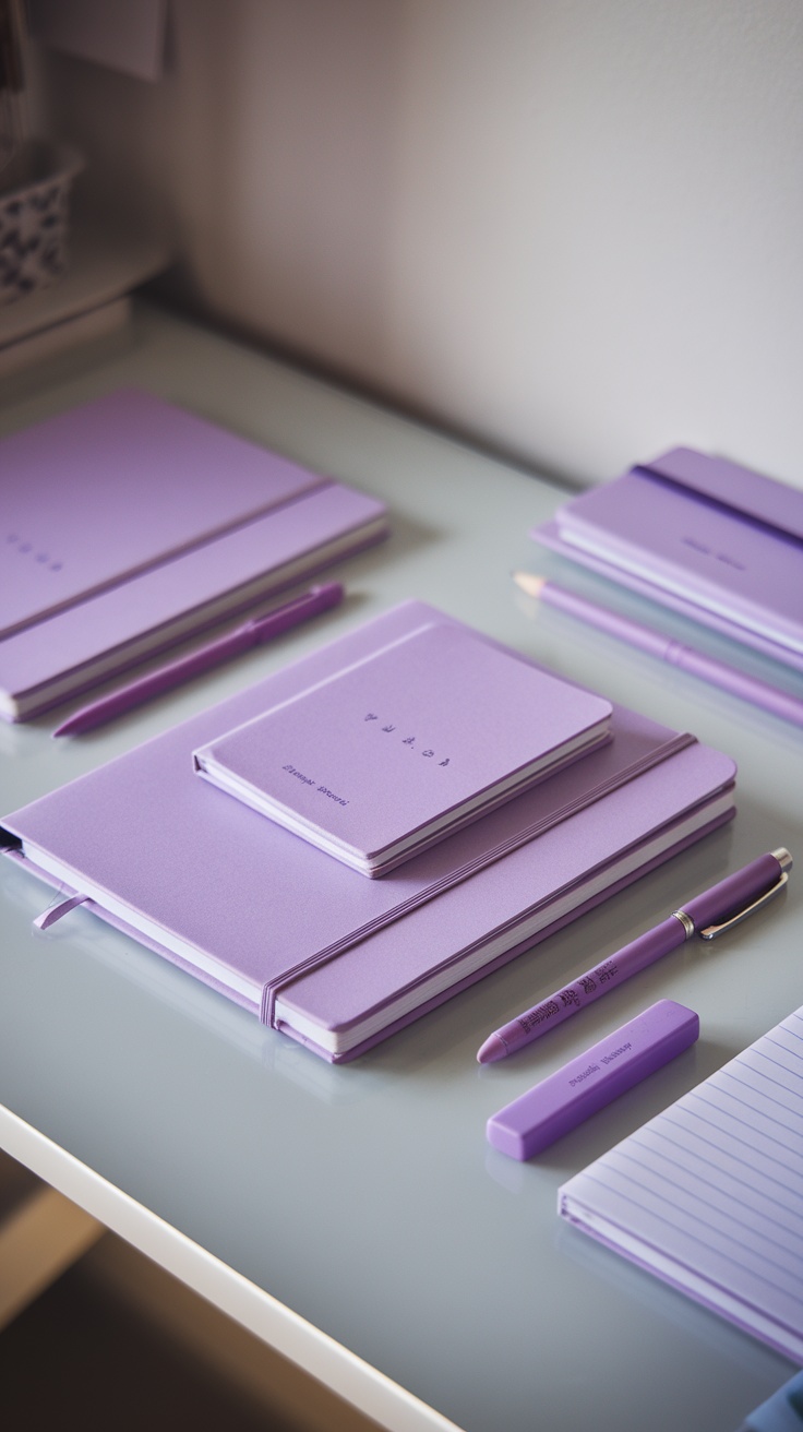 A collection of purple notebooks and stationery arranged neatly on a desk.