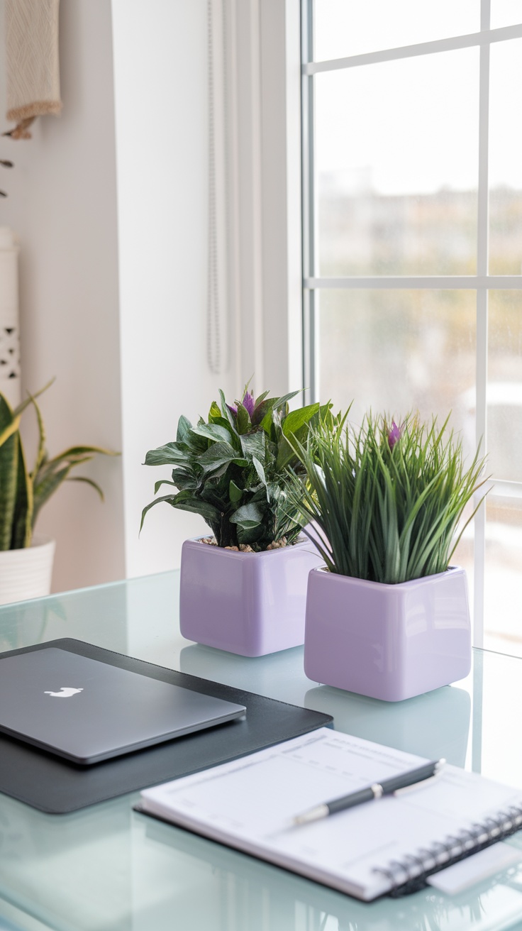 Two stylish purple planters with green plants on a desk by a window.