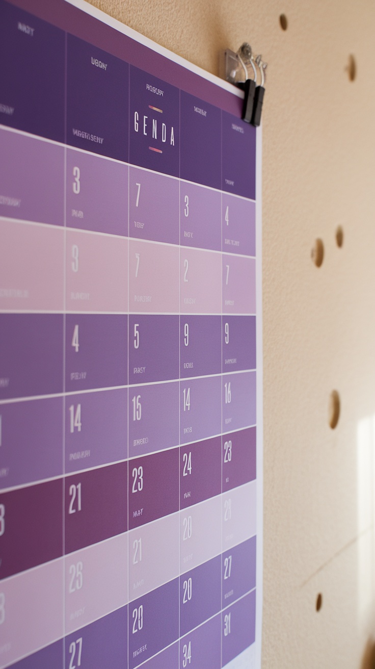 Purple themed calendar with a gradient of purple shades, hanging on a wall.