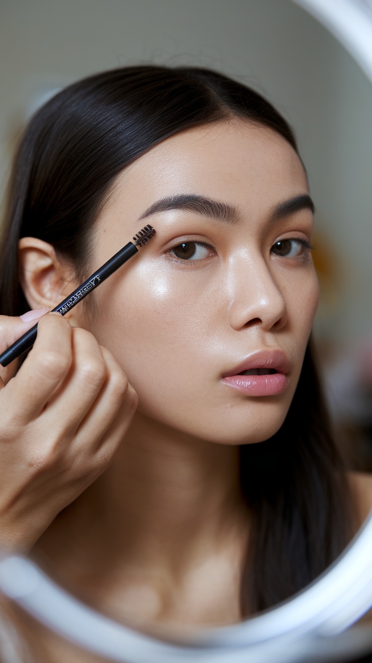 A person defining their eyebrows using a brow pencil in front of a mirror