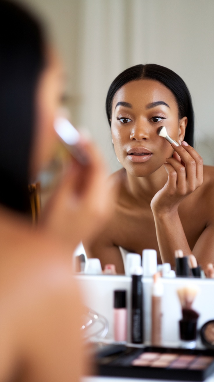 A person applying makeup in front of a mirror, showcasing a busy morning routine.