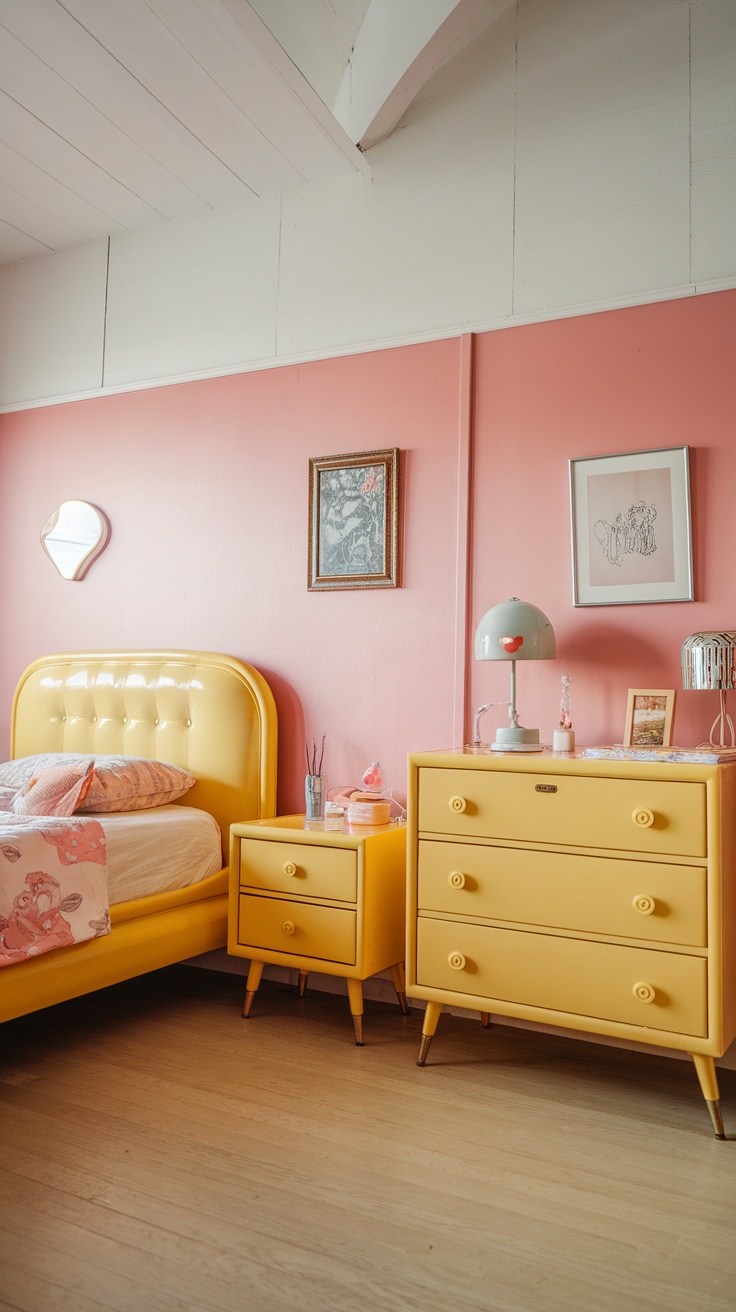 A cozy bedroom featuring retro yellow furniture, including a bed, nightstand, and dresser, set against pink walls.