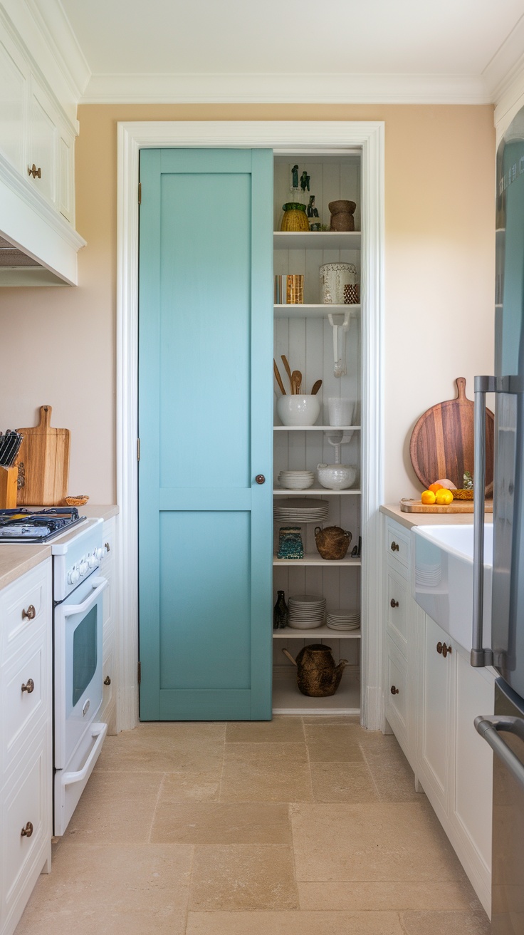 A robin's egg blue pantry door in a bright kitchen