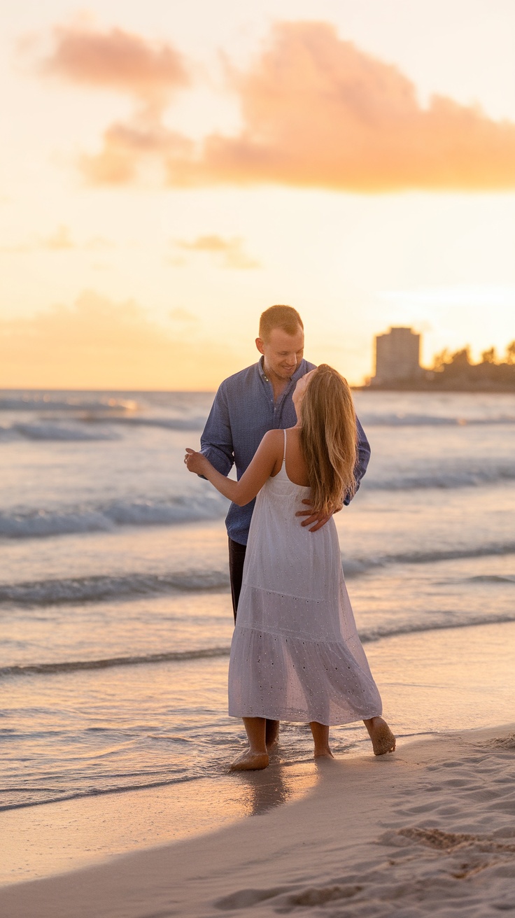 A couple dancing on the beach at sunset