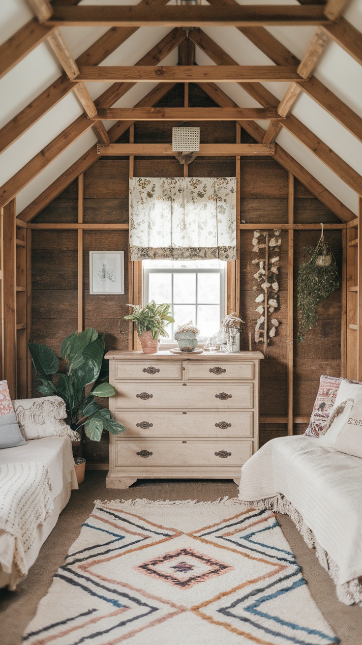 Cozy she shed interior with rustic farmhouse decor featuring wooden beams, a vintage dresser, and natural elements.