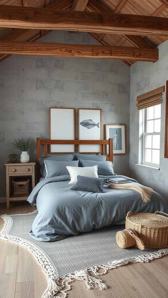 Cozy gray bedroom with rustic decor and natural elements, featuring a wooden bed, framed art, and woven baskets.