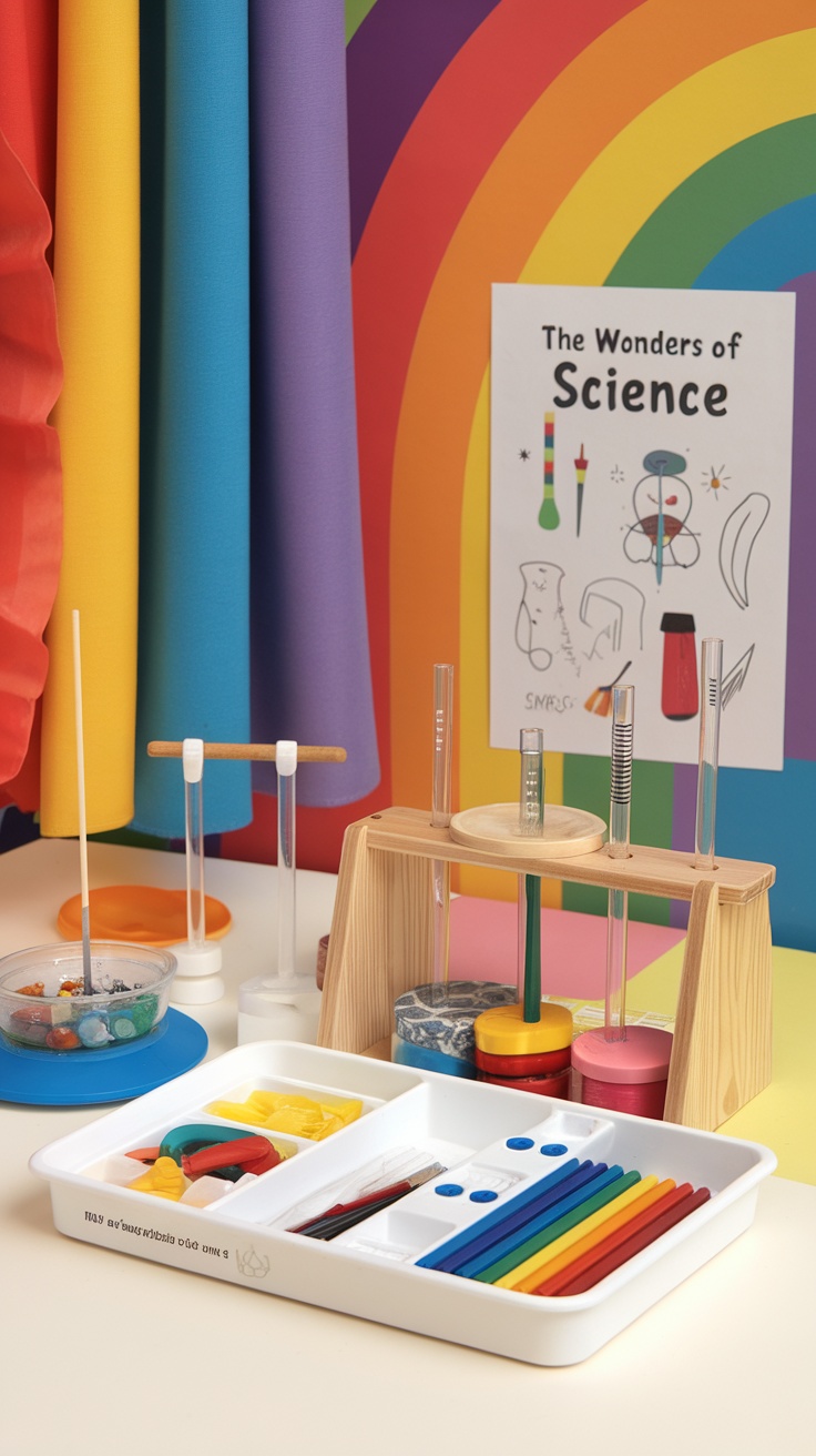 Colorful science experiment kit with various tools and a rainbow background.