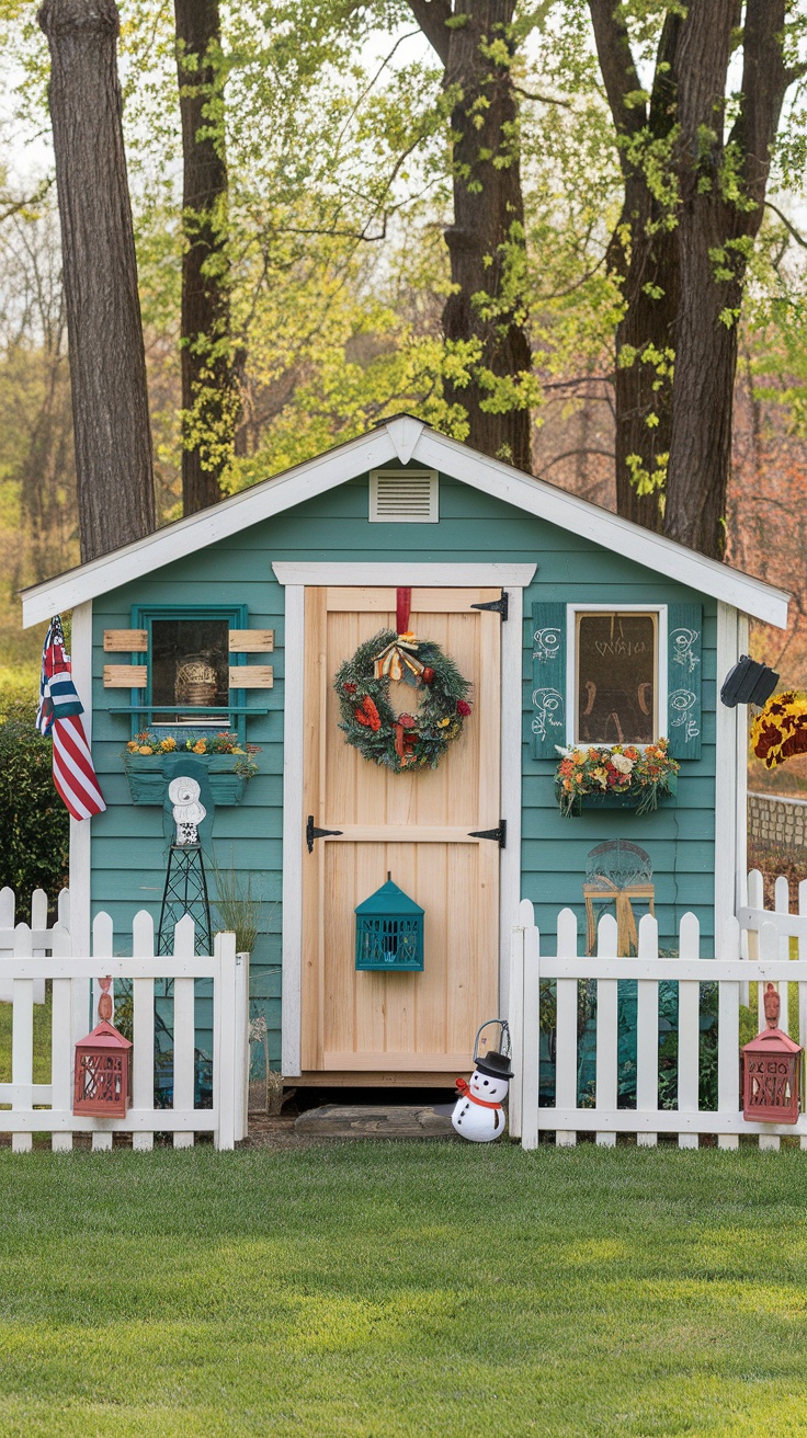 A charming blue she shed decorated for the season with a wreath, lanterns, and a snowman.