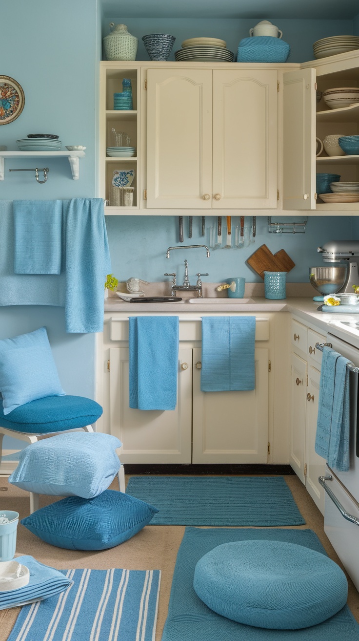 A kitchen featuring various shades of blue textiles, including towels, cushions, and rugs, creating a serene and inviting atmosphere.