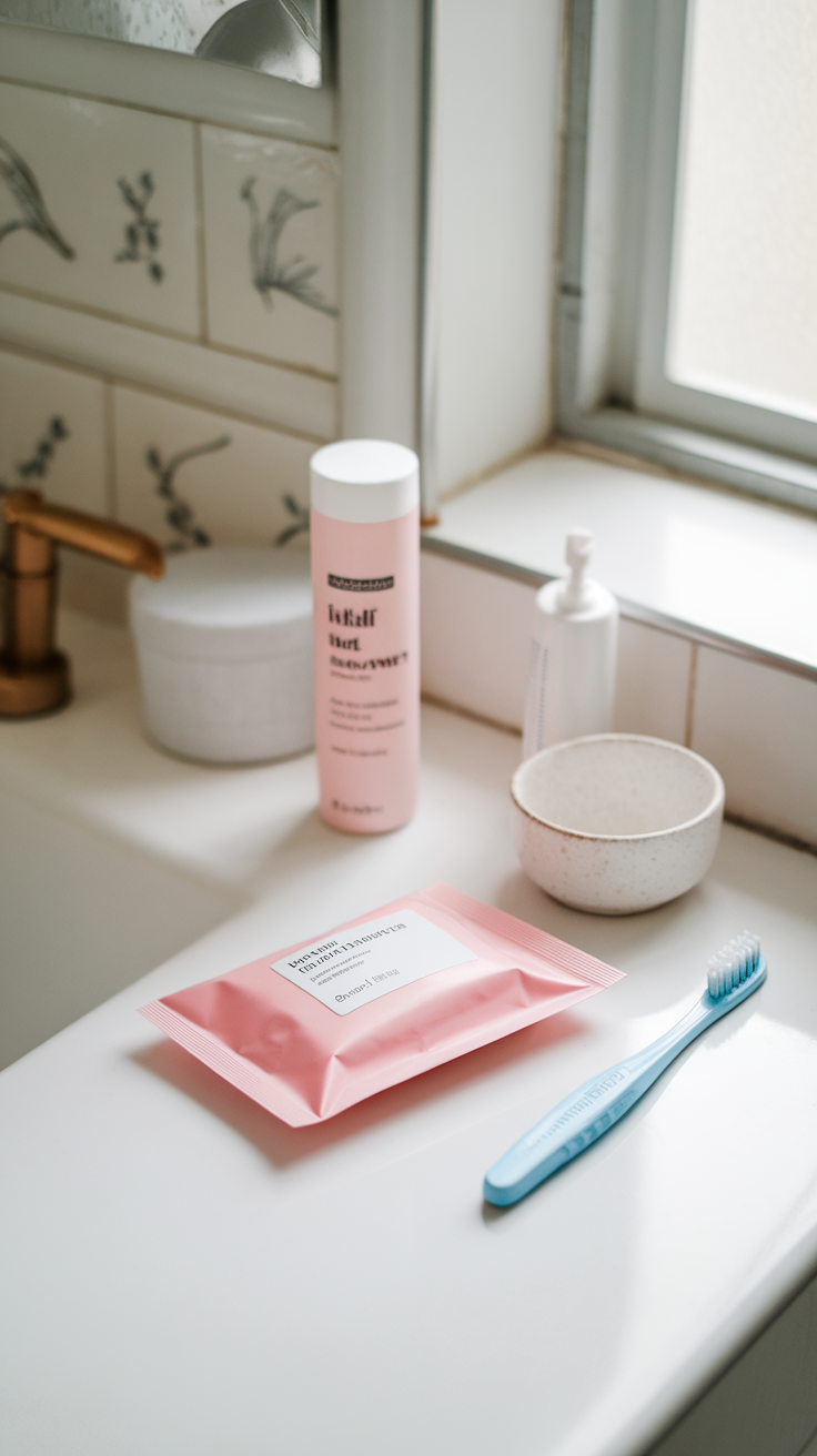 Makeup remover wipes, toothbrush, bar soap, and cleanser bottle on a countertop.