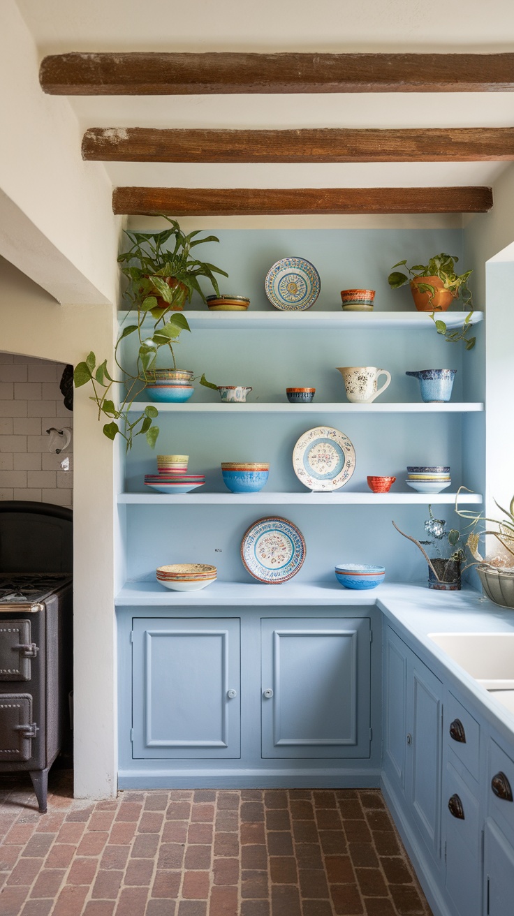 A kitchen with sky blue open shelving displaying colorful dishware and plants