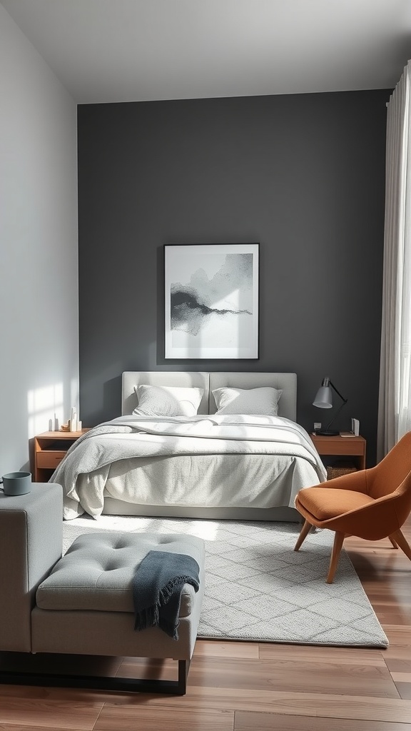 Modern gray bedroom with minimalist design, featuring a dark gray wall, light gray bedding, wooden nightstands, and an orange accent chair.